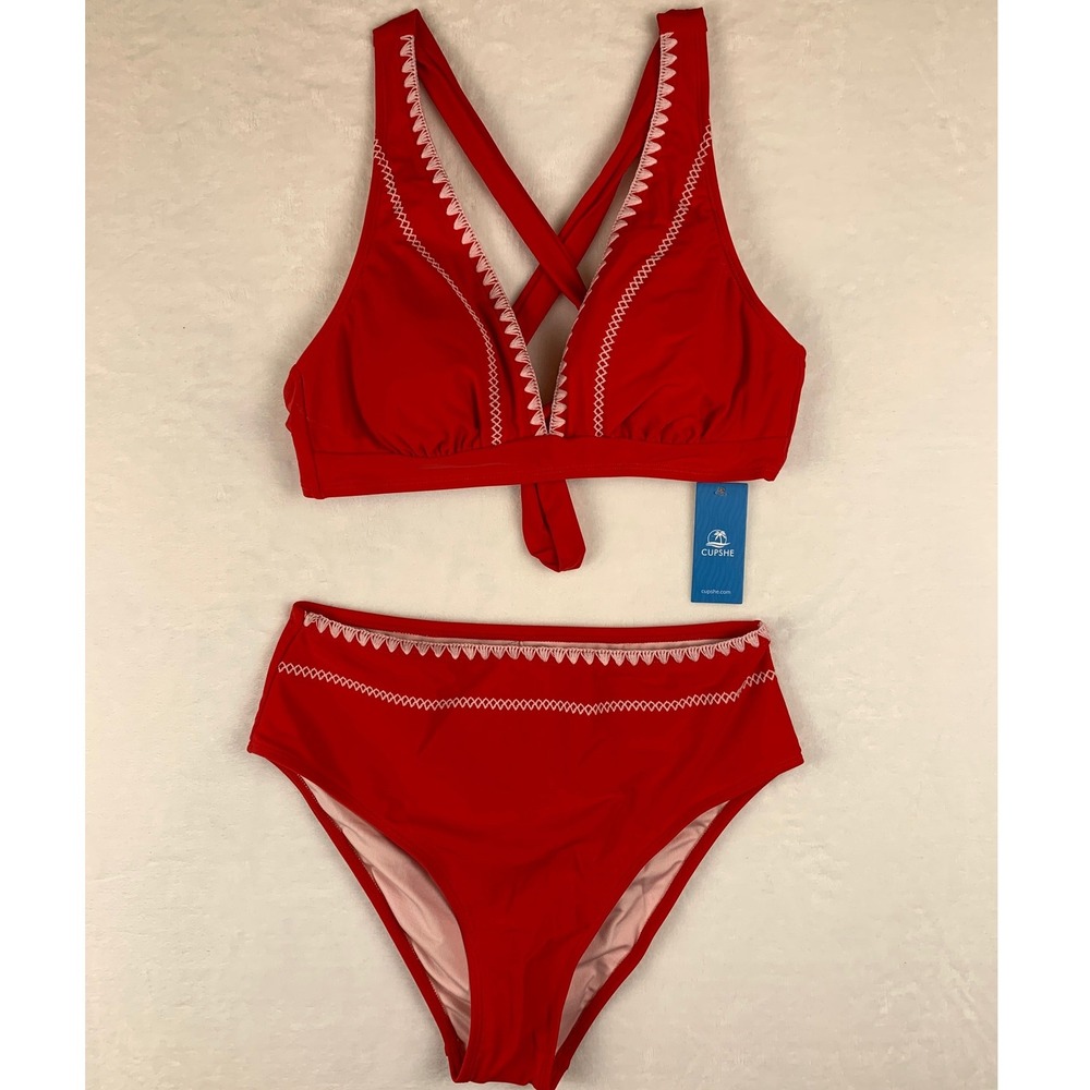 NWT Cupshe Red & White Embroidered High Waisted Tie Back Bikini Set Size Medium